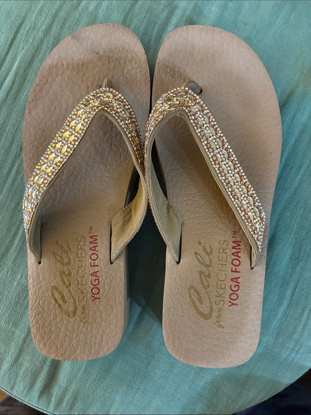 Skechers Beige Rhinestone Embellished Flip Flops